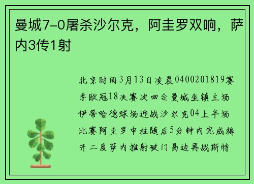 曼城7-0屠杀沙尔克，阿圭罗双响，萨内3传1射
