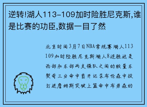 逆转!湖人113-109加时险胜尼克斯,谁是比赛的功臣,数据一目了然