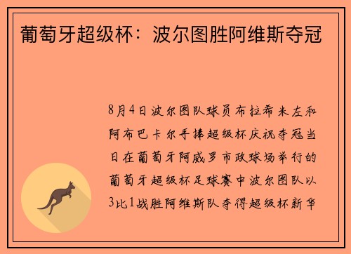 葡萄牙超级杯：波尔图胜阿维斯夺冠