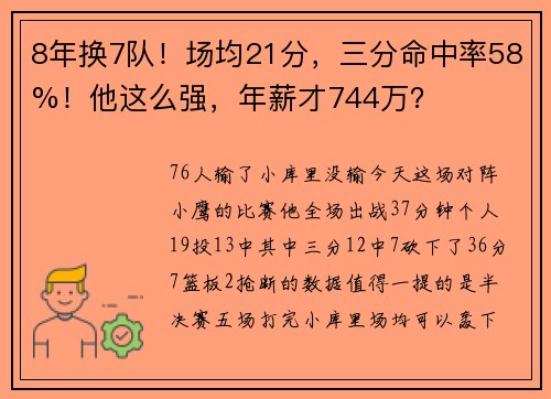 8年换7队！场均21分，三分命中率58%！他这么强，年薪才744万？